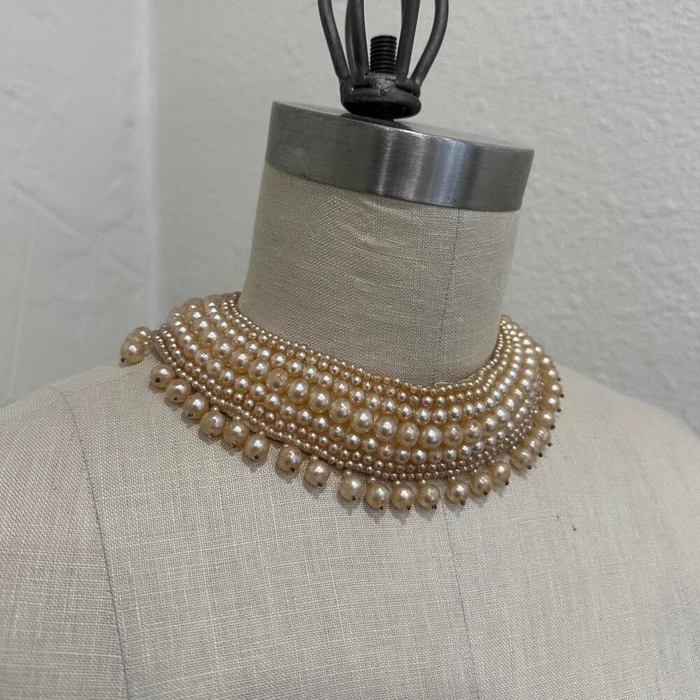 Vintage Pearl Beaded Collar Necklace Cream Satin Statement Collar Rare 1950s